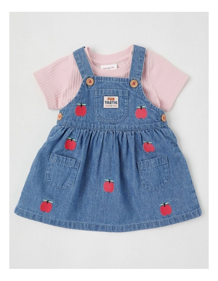 Tallulah Denim Pinny & Tee Set with Apple Embroidery in Denim image 1