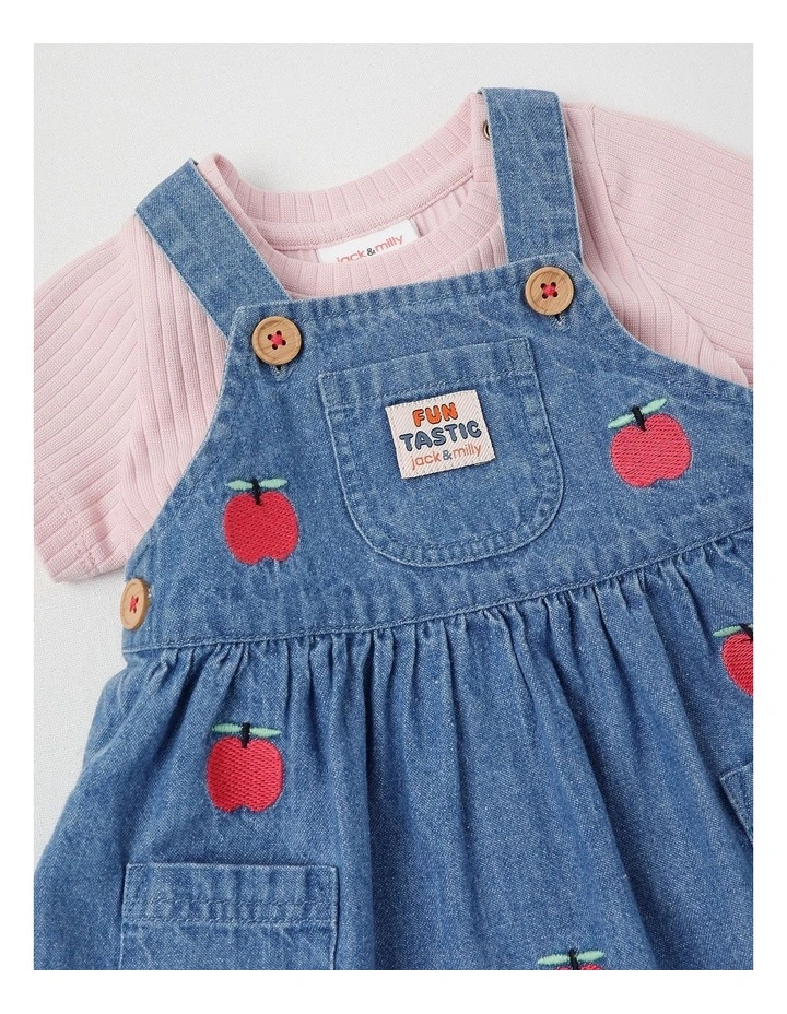 Tallulah Denim Pinny & Tee Set with Apple Embroidery in Denim image 2