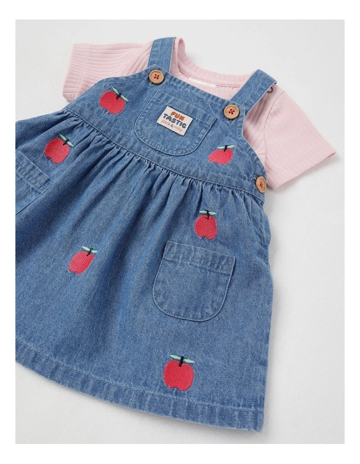 Tallulah Denim Pinny & Tee Set with Apple Embroidery in Denim image 3