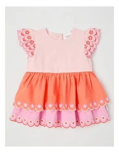 Adelaide Tiered Dress Set with Embroidered Daises in Pink