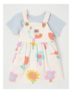 Tansy Pinny Dress And Rib Top Set in Happy Flower Print in Cream