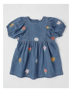 Jemima Puff Sleeve Chambray Dress with All Over Floral Emboidery in Denim