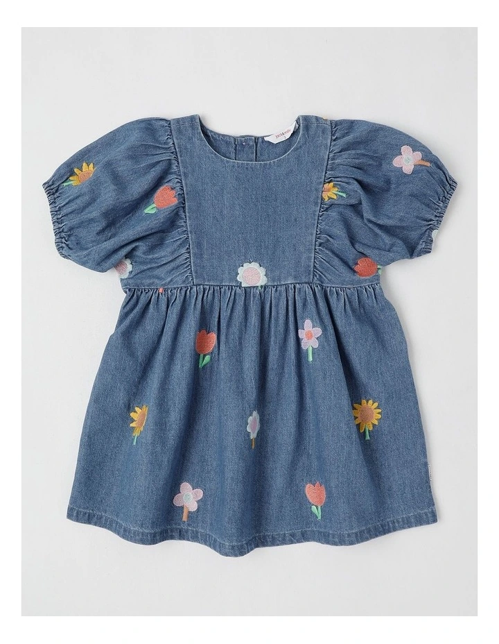 Jemima Puff Sleeve Chambray Dress with All Over Floral Emboidery in Denim image 1