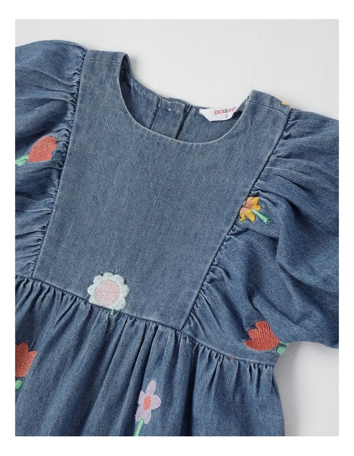 Jemima Puff Sleeve Chambray Dress with All Over Floral Emboidery in Denim image 2