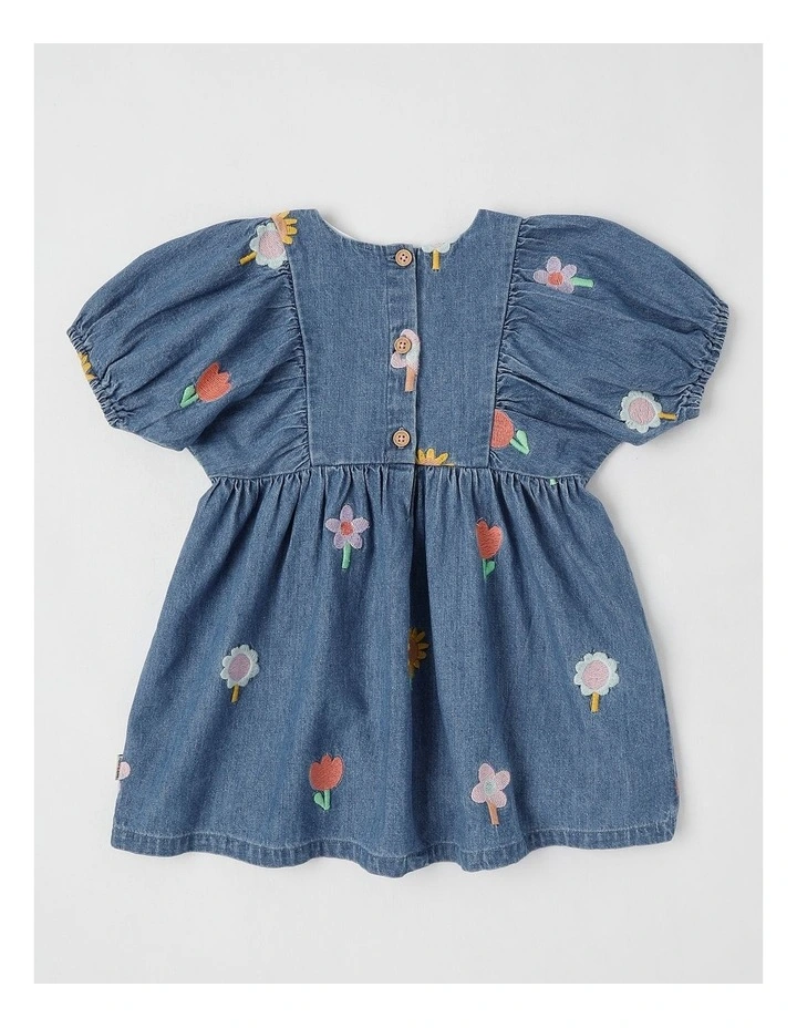 Jemima Puff Sleeve Chambray Dress with All Over Floral Emboidery in Denim image 3