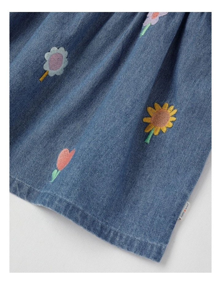 Jemima Puff Sleeve Chambray Dress with All Over Floral Emboidery in Denim image 4