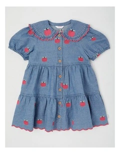 Elsie Chambray Dress with Apple Embroidery in Denim