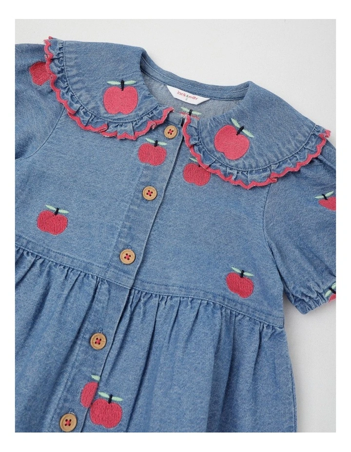 Elsie Chambray Dress with Apple Embroidery in Denim image 2
