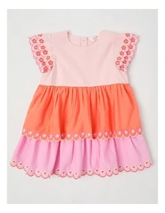 Lily Tiered Dress with Embroidered Daises in Pink