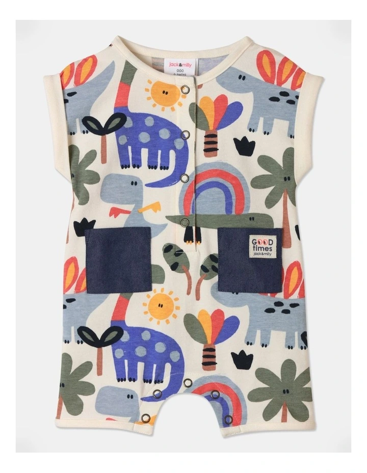 Noah Sketchy Dinosaur Knit Romper in Milk image 1