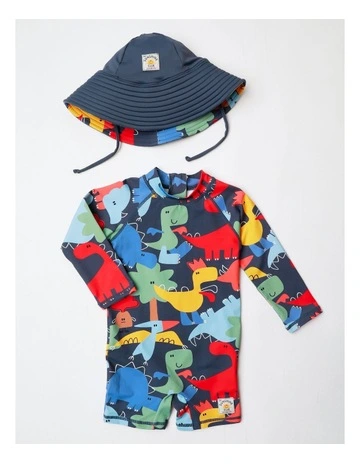 Buddy Long Sleeve Rashsuit With Hat Set Dino Print in Navy
