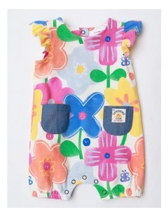 Marlow Knit Romper With Flutter Sleeves And Chambray Pockets in Multicoloured