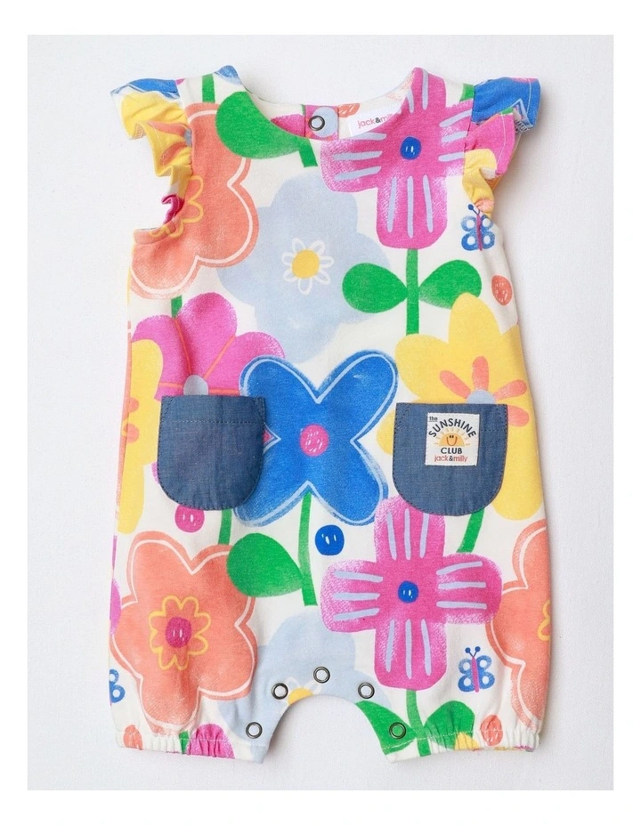 Marlow Knit Romper With Flutter Sleeves And Chambray Pockets in Multicoloured image 1
