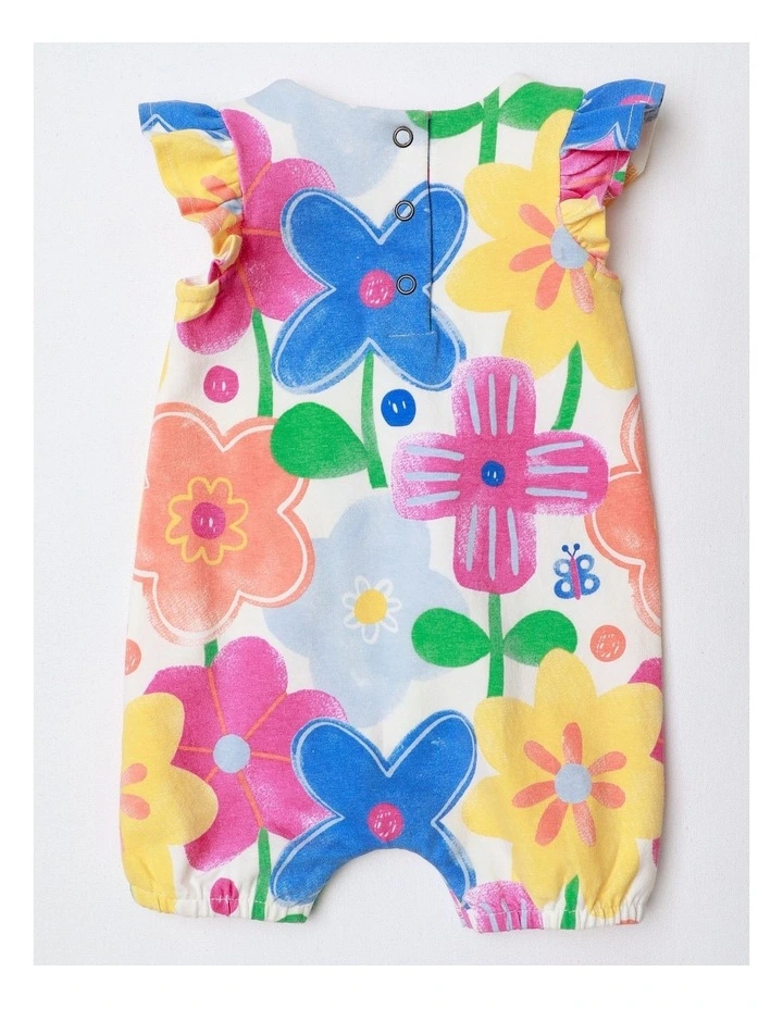 Marlow Knit Romper With Flutter Sleeves And Chambray Pockets in Multicoloured image 3