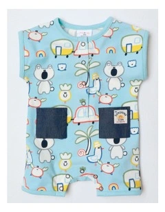 Noah Knit Short Sleeve Romper With Chambray Pocket And Placket Off We Go in Blue