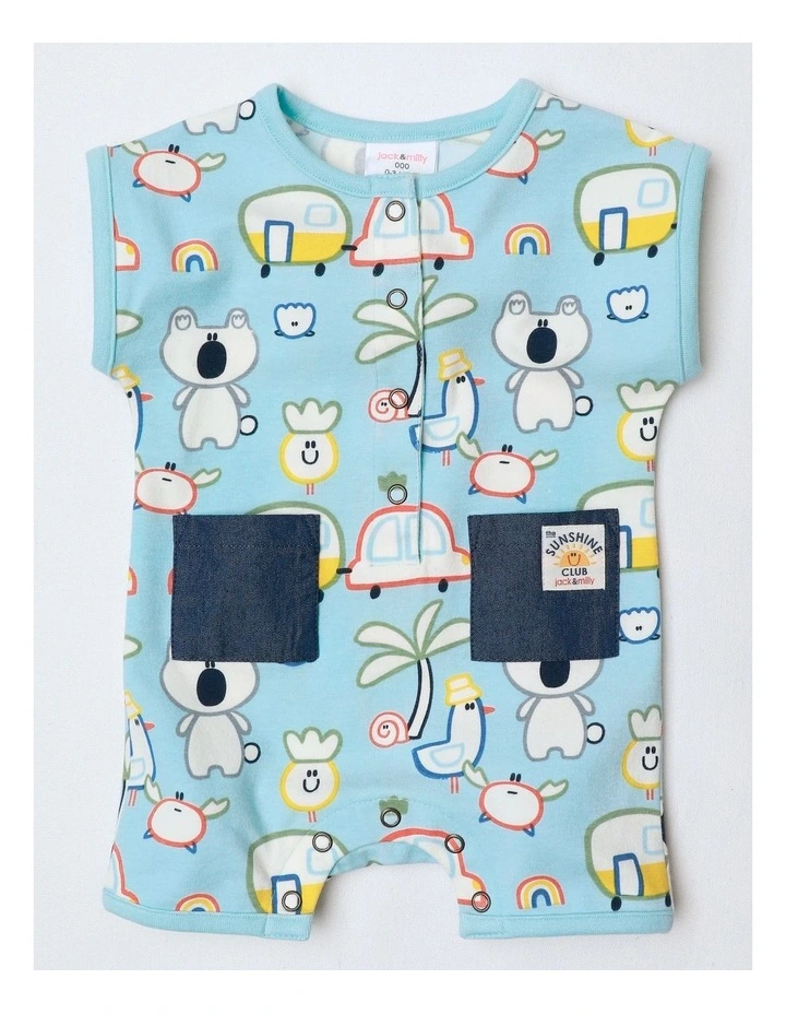 Noah Knit Short Sleeve Romper With Chambray Pocket And Placket Off We Go in Blue image 1