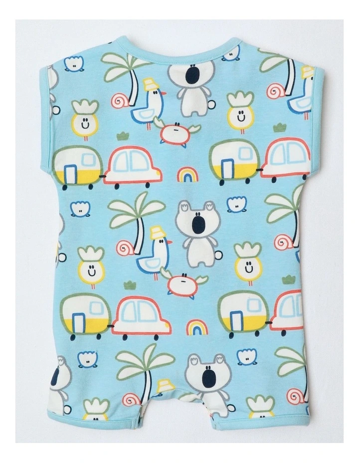 Noah Knit Short Sleeve Romper With Chambray Pocket And Placket Off We Go in Blue image 2
