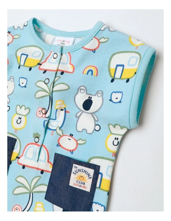 Noah Knit Short Sleeve Romper With Chambray Pocket And Placket Off We Go in Blue image 3