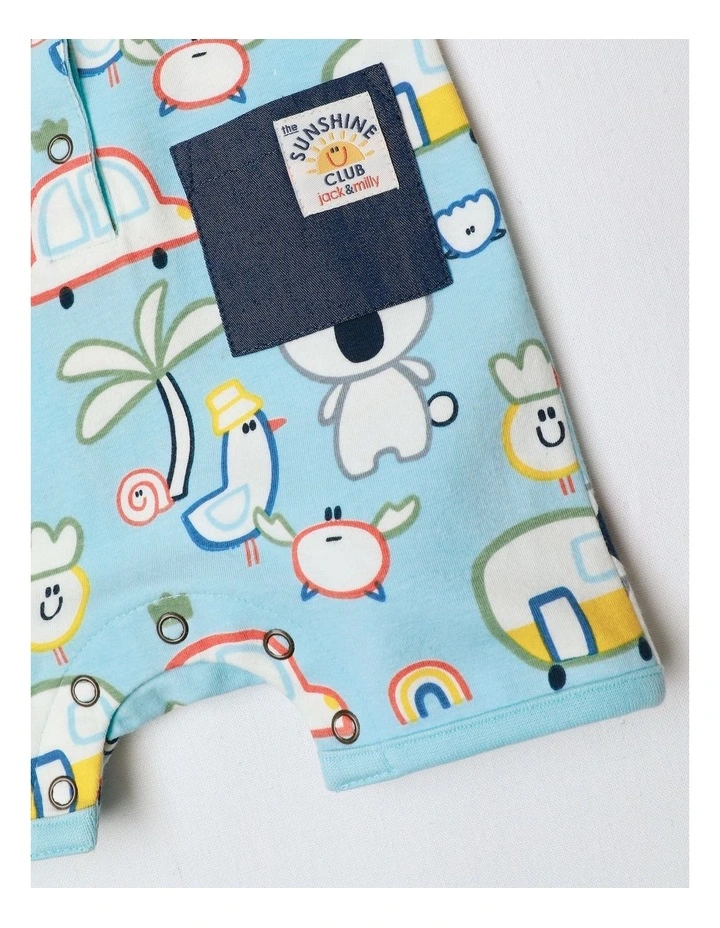 Noah Knit Short Sleeve Romper With Chambray Pocket And Placket Off We Go in Blue image 4