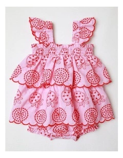 Audrey Embroidered Woven Tiered Romper in Pink