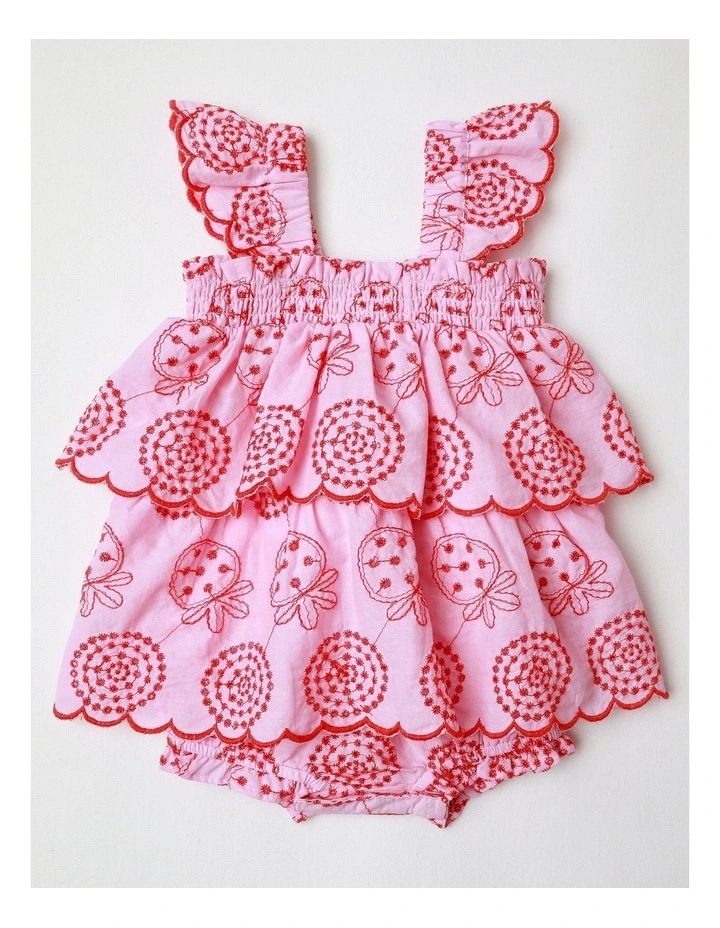 Audrey Embroidered Woven Tiered Romper in Pink image 1