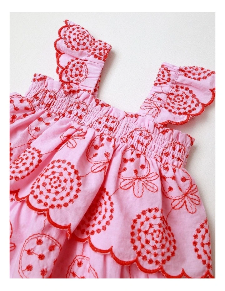 Audrey Embroidered Woven Tiered Romper in Pink image 2