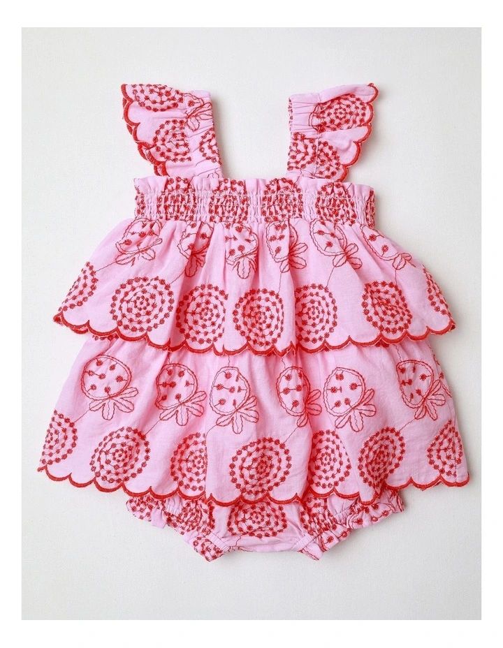 Audrey Embroidered Woven Tiered Romper in Pink image 3