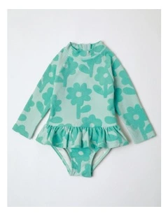 Leisel Long Sleeve Swimsuit With Skirt Daisy in Jacquard And Green