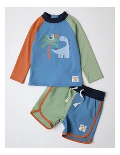 Wally Colourblocked Rashvest And Boardie Set With Dino Print In Blue