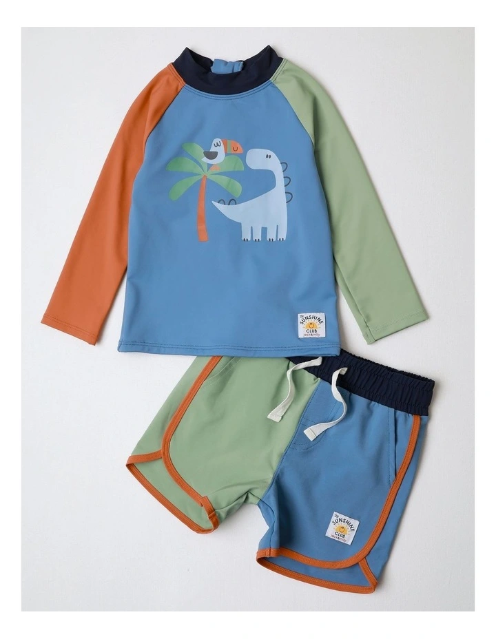 Wally Colourblocked Rashvest And Boardie Set With Dino Print In Blue image 1