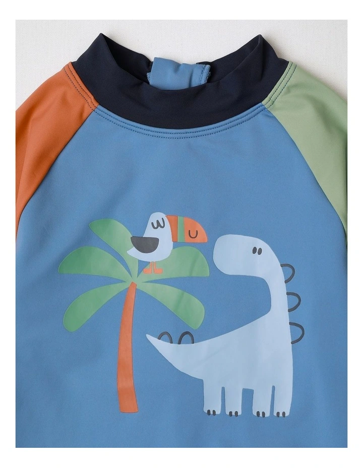 Wally Colourblocked Rashvest And Boardie Set With Dino Print In Blue image 2
