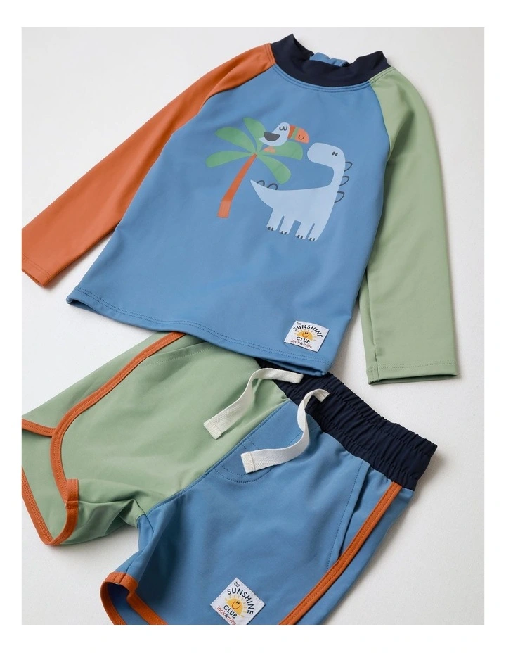 Wally Colourblocked Rashvest And Boardie Set With Dino Print In Blue image 3