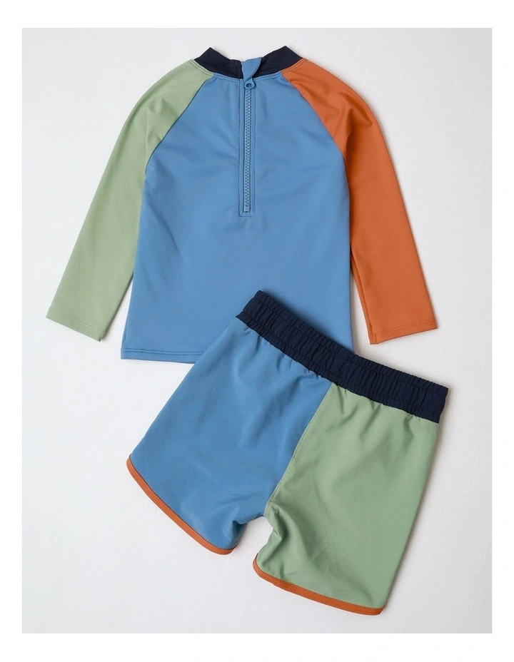 Wally Colourblocked Rashvest And Boardie Set With Dino Print In Blue image 6