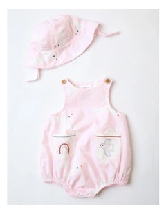 Rocky Woven Romper with Embroidered Pockets and Hat in Pink