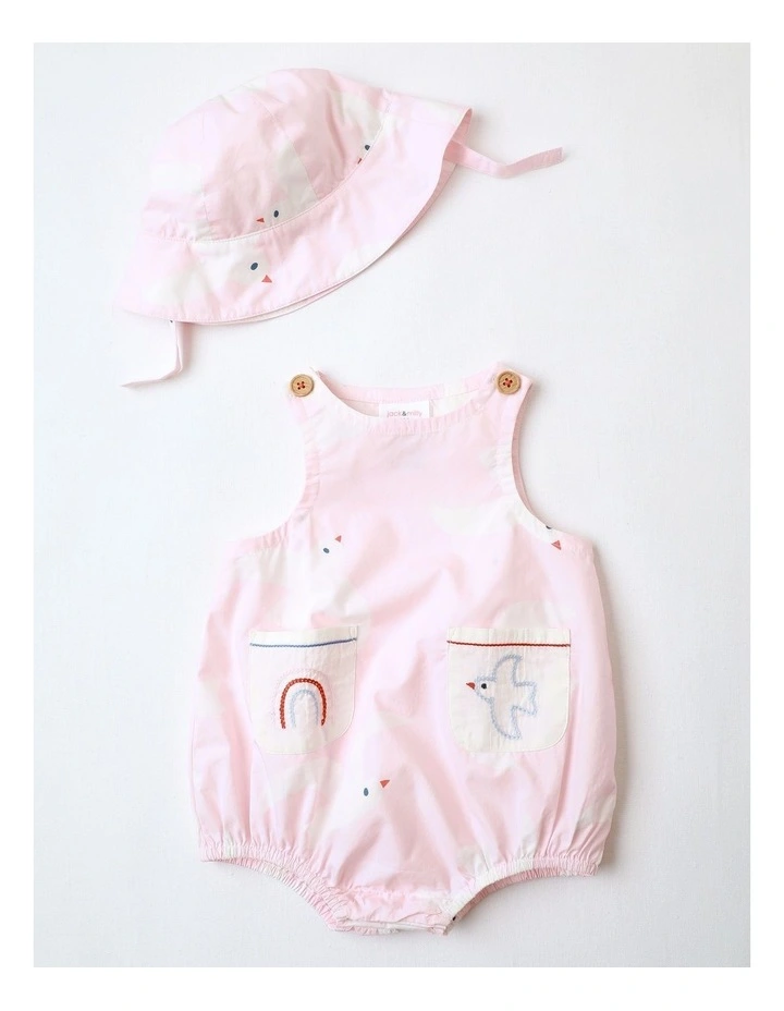 Rocky Woven Romper with Embroidered Pockets and Hat in Pink image 1