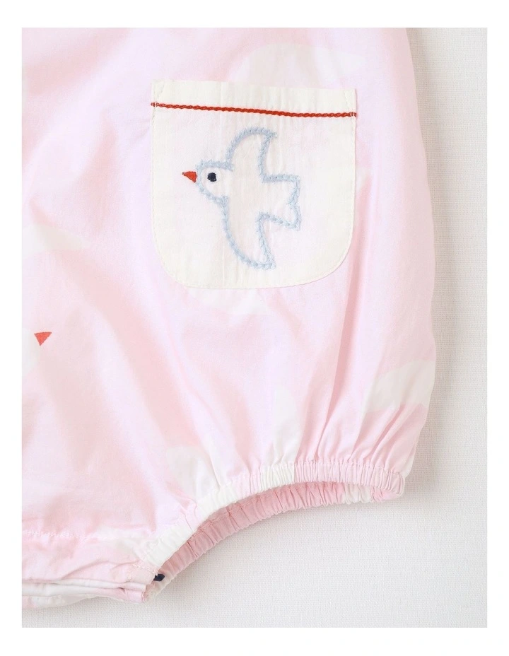 Rocky Woven Romper with Embroidered Pockets and Hat in Pink image 2