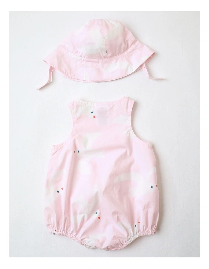 Rocky Woven Romper with Embroidered Pockets and Hat in Pink image 3