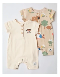 Naturals 2 Pack Rompers wih Echidna Embroidery in Oatmeal