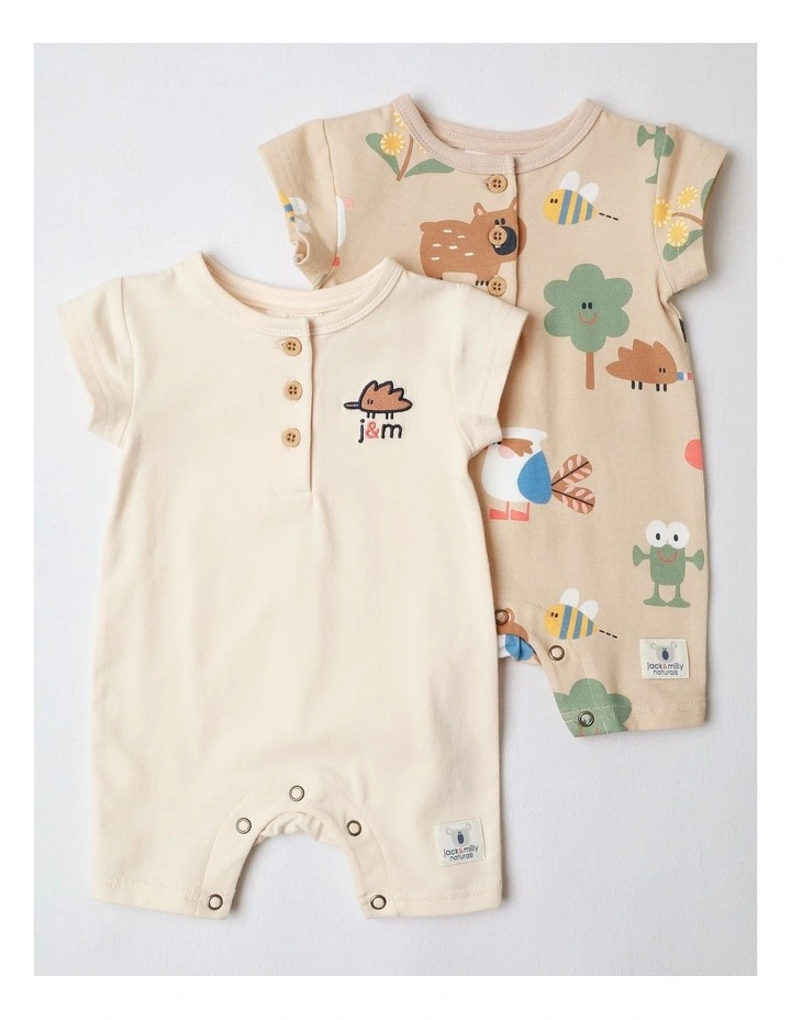 Naturals 2 Pack Rompers wih Echidna Embroidery in Oatmeal image 1