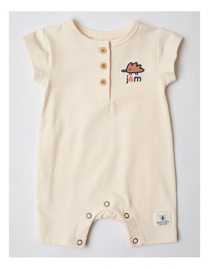 Naturals 2 Pack Rompers wih Echidna Embroidery in Oatmeal image 3