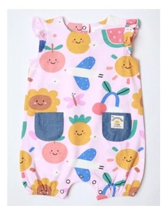 Marlow Knit Romper with Flutter Sleeves and Chambray Pockets in Pink