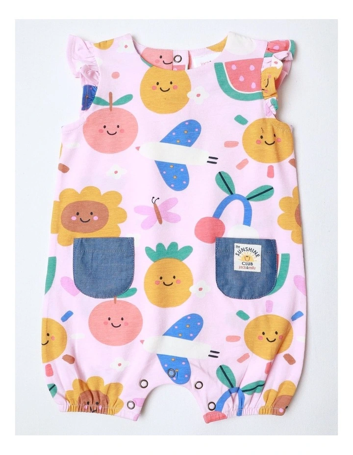 Marlow Knit Romper with Flutter Sleeves and Chambray Pockets in Pink image 1