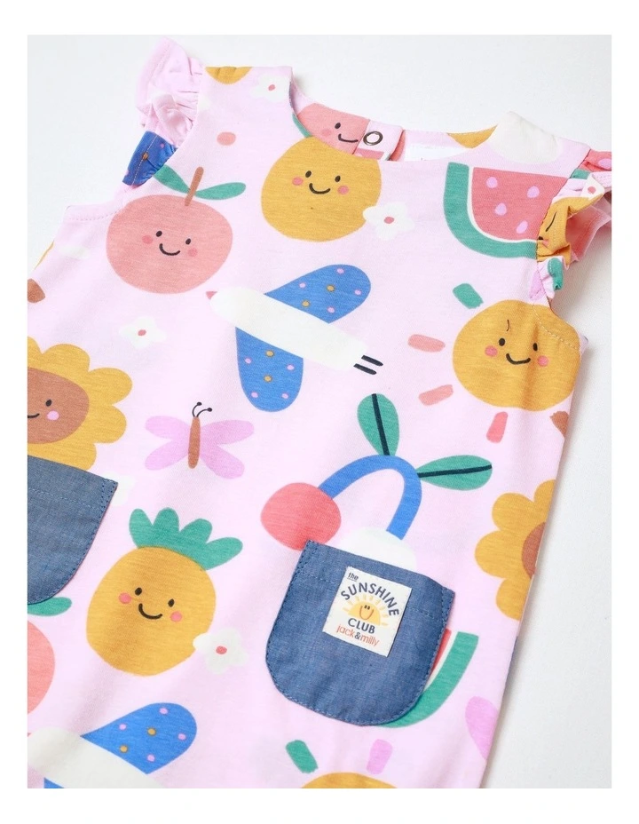 Marlow Knit Romper with Flutter Sleeves and Chambray Pockets in Pink image 2