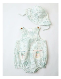 Rocky Woven Romper with Embroidered Pockets and Hat in Oatmeal and Sage