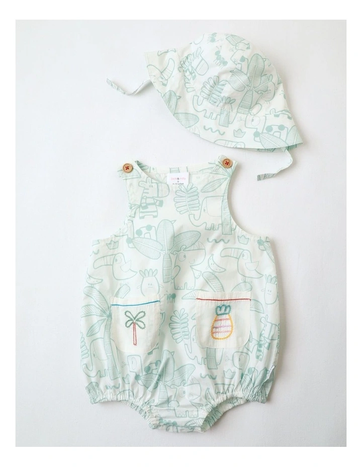 Rocky Woven Romper with Embroidered Pockets and Hat in Oatmeal and Sage image 1