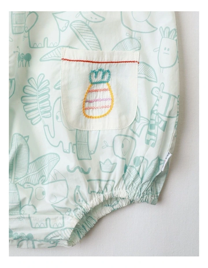 Rocky Woven Romper with Embroidered Pockets and Hat in Oatmeal and Sage image 2