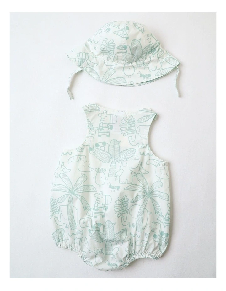 Rocky Woven Romper with Embroidered Pockets and Hat in Oatmeal and Sage image 3