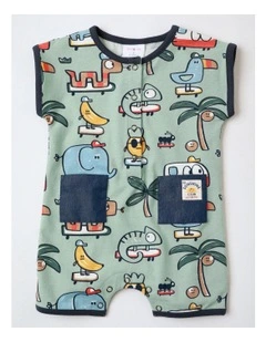 Noah Knit Short Sleeve Romper with Chambray Pocket and Placket in Green