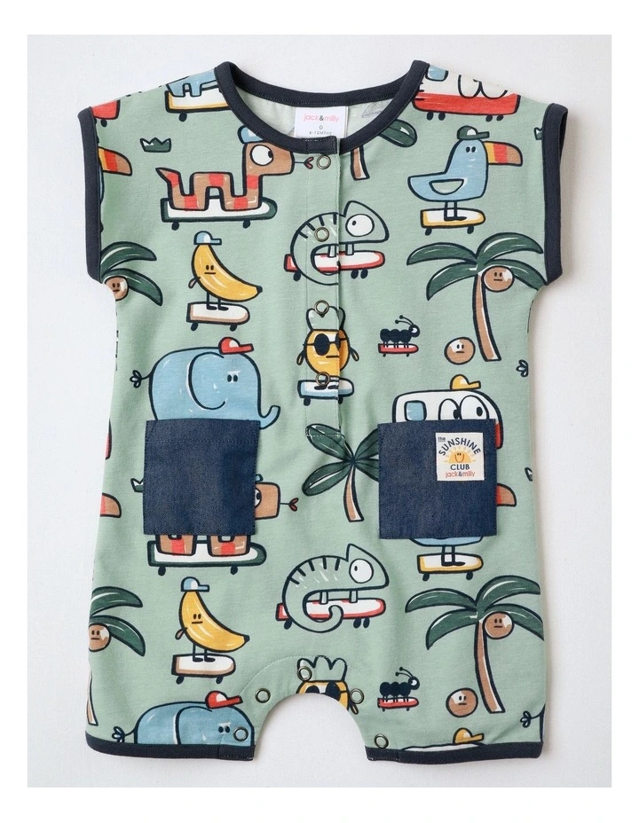 Noah Knit Short Sleeve Romper with Chambray Pocket and Placket in Green image 1