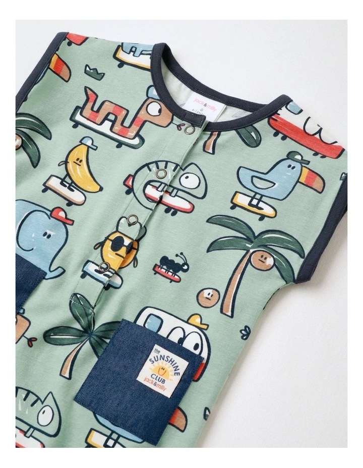 Noah Knit Short Sleeve Romper with Chambray Pocket and Placket in Green image 2